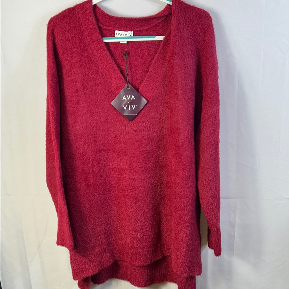 Ava & Viv Deep Red V-Neck high low tunic Sweater Size 1X super soft